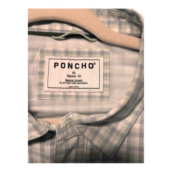 PONCHO MENS XL Checkered Casual Button-Down Shirt MAGNETIC POCKETS UTILITY SPORT - Picture 4 of 12